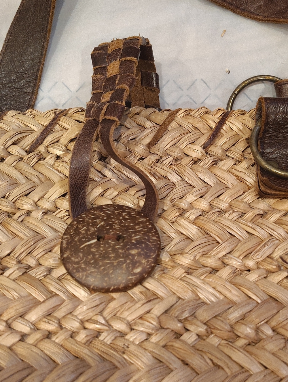 Bella Luna Boho Straw Basket Handbag Brown Leather Accent Vintage - Picture 6 of 16
